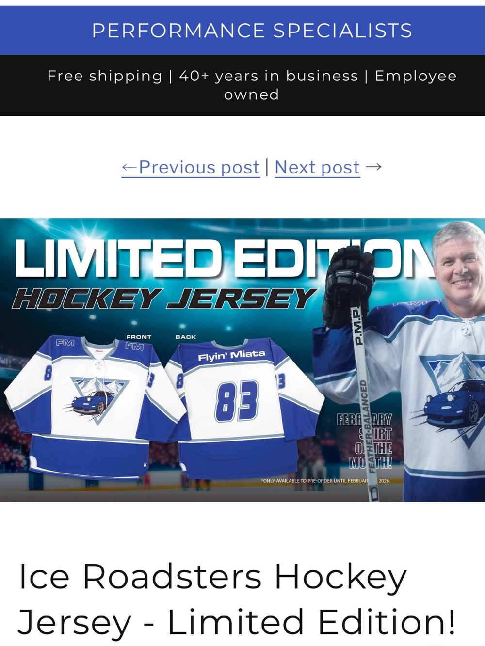 Ice Roadsters Limited Edition Hockey Jersey - White & Blue